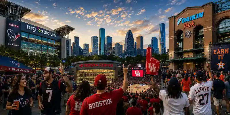 Fans enjoying football, basketball, baseball, and soccer events outside major Houston sports venues including NRG Stadium, Toyota Center, and Minute Maid Park during an exciting game-day atmosphere in Houston.